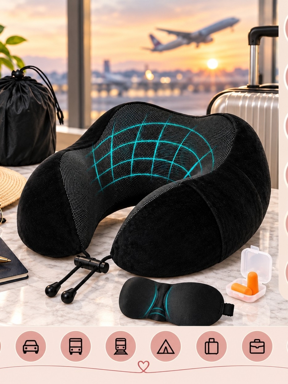 Black Memory Foam Travel Neck Pillow with Eye Mask